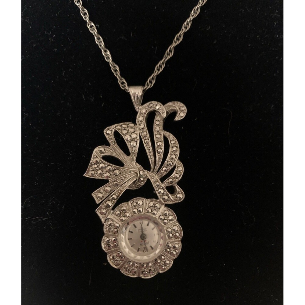 Vintage Hilton Watch Necklace 24.5” Pendant Manual Wind Marcasite Silver Tone